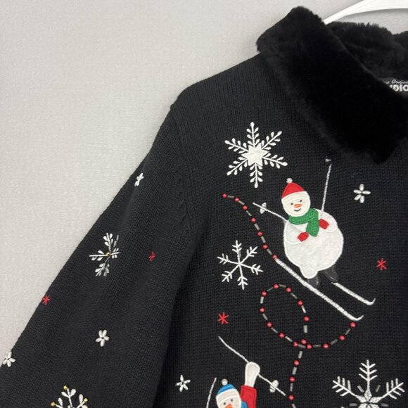 Designers Originals Studio JOY Cardigan Sweater Womens Large Black Xmas Snowmen - Picture 11 of 14